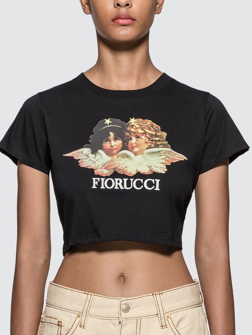 Fiorucci NWT Cotton Black Angel Logo Crop Tee Size S